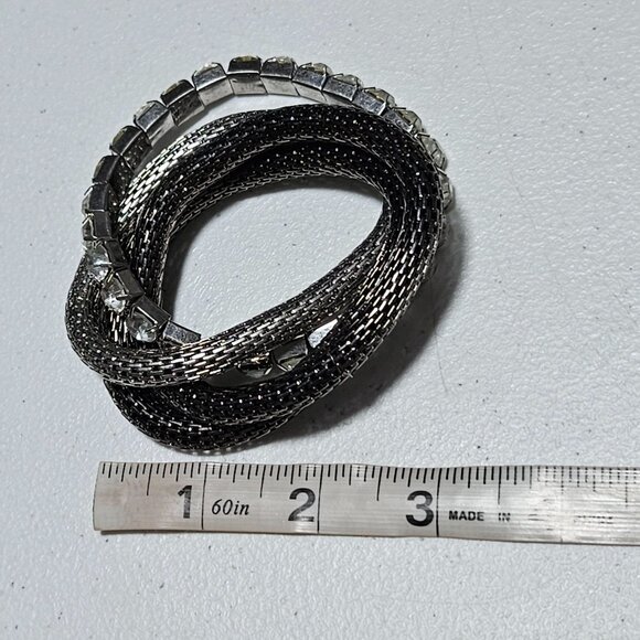 Chunky Silver Tone Mesh Rhinestone Bangle Bracelet Multi Strands Fashion Jewelry - Picture 2 of 2
